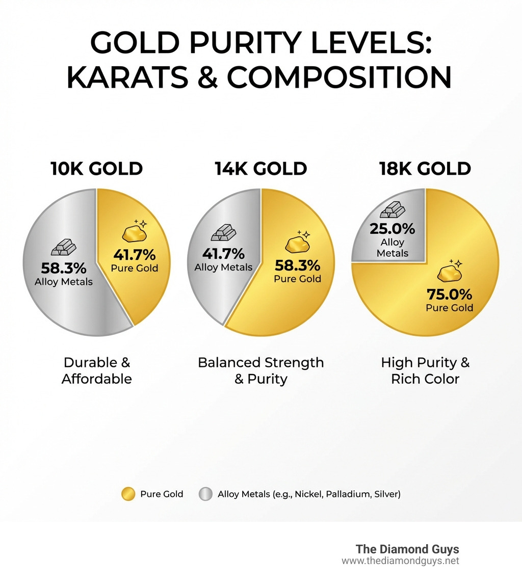 Infographic explaining gold purity levels for 10k, 14k, and 18k gold, detailing the percentage of pure gold and alloy metals in each karat - 10k white gold tennis bracelet infographic 