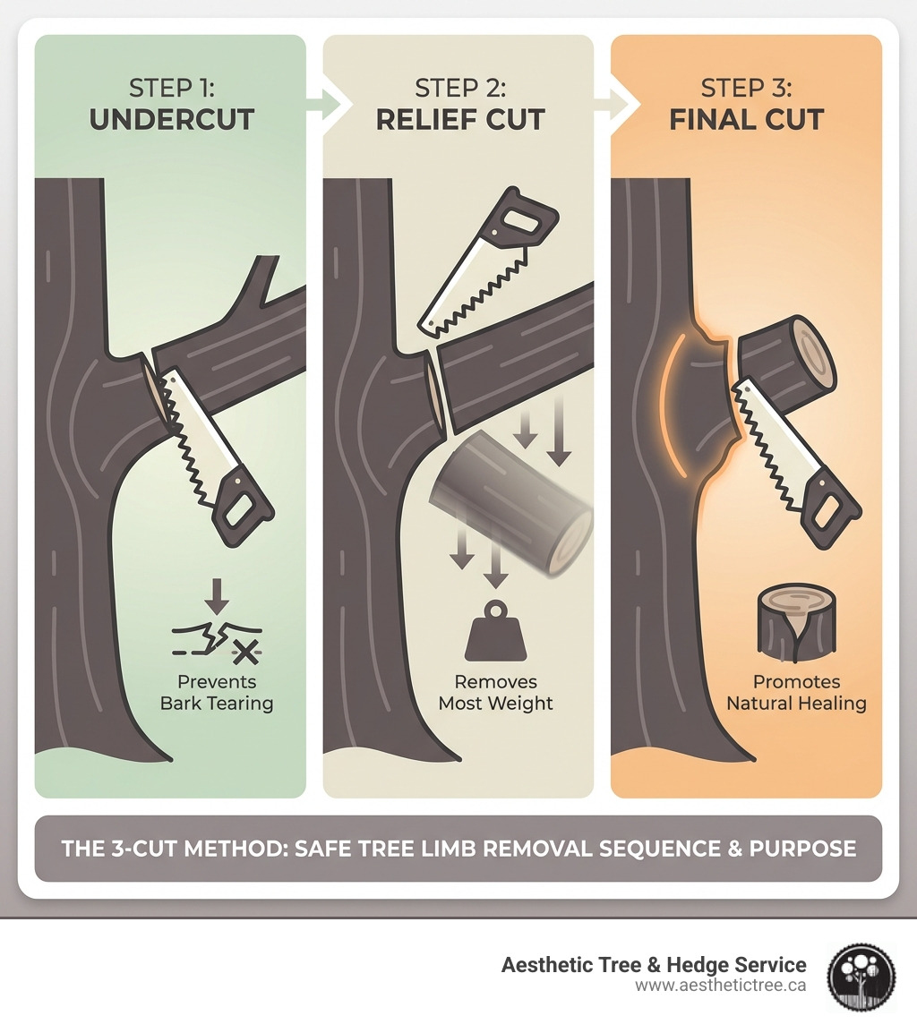 Infographic illustrating the 3-cut method for safe tree limb removal, showing the undercut (first cut on bottom), relief cut (second cut on top, further out), and final cut (third cut at the branch collar), emphasizing the sequence and purpose of each cut - cutting a tree limb infographic Infographic illustrating the 3-cut method for safe tree limb removal, showing the undercut (first cut on bottom), relief cut (second cut on top, further out), and final cut (third cut at the branch collar), emphasizing the sequence and purpose of each cut - cutting a tree limb infographic