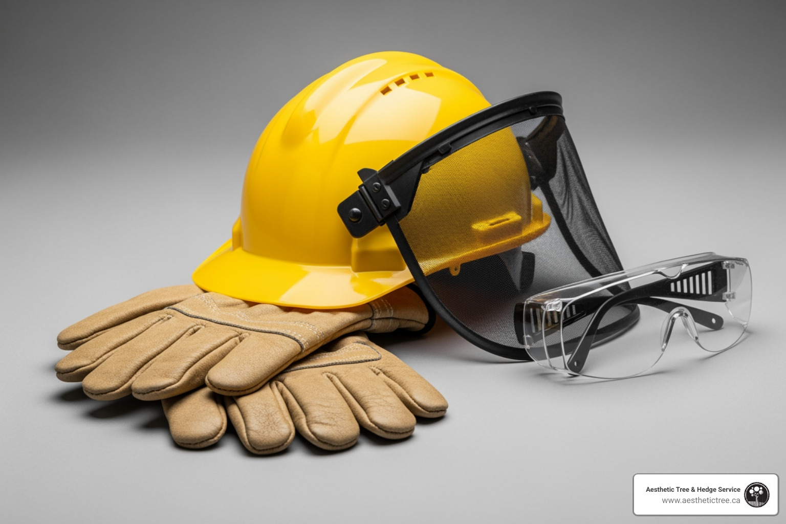 Essential pruning safety gear including gloves, hard hat, and safety glasses - cutting a tree limb Essential pruning safety gear including gloves, hard hat, and safety glasses - cutting a tree limb