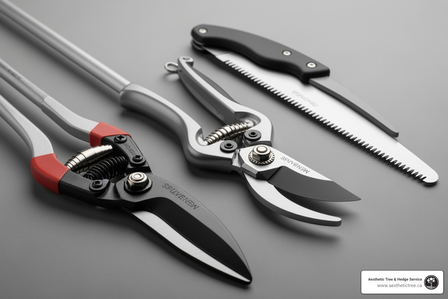 Various pruning tools: shears, loppers, and a hand saw - cutting a tree limb Various pruning tools: shears, loppers, and a hand saw - cutting a tree limb