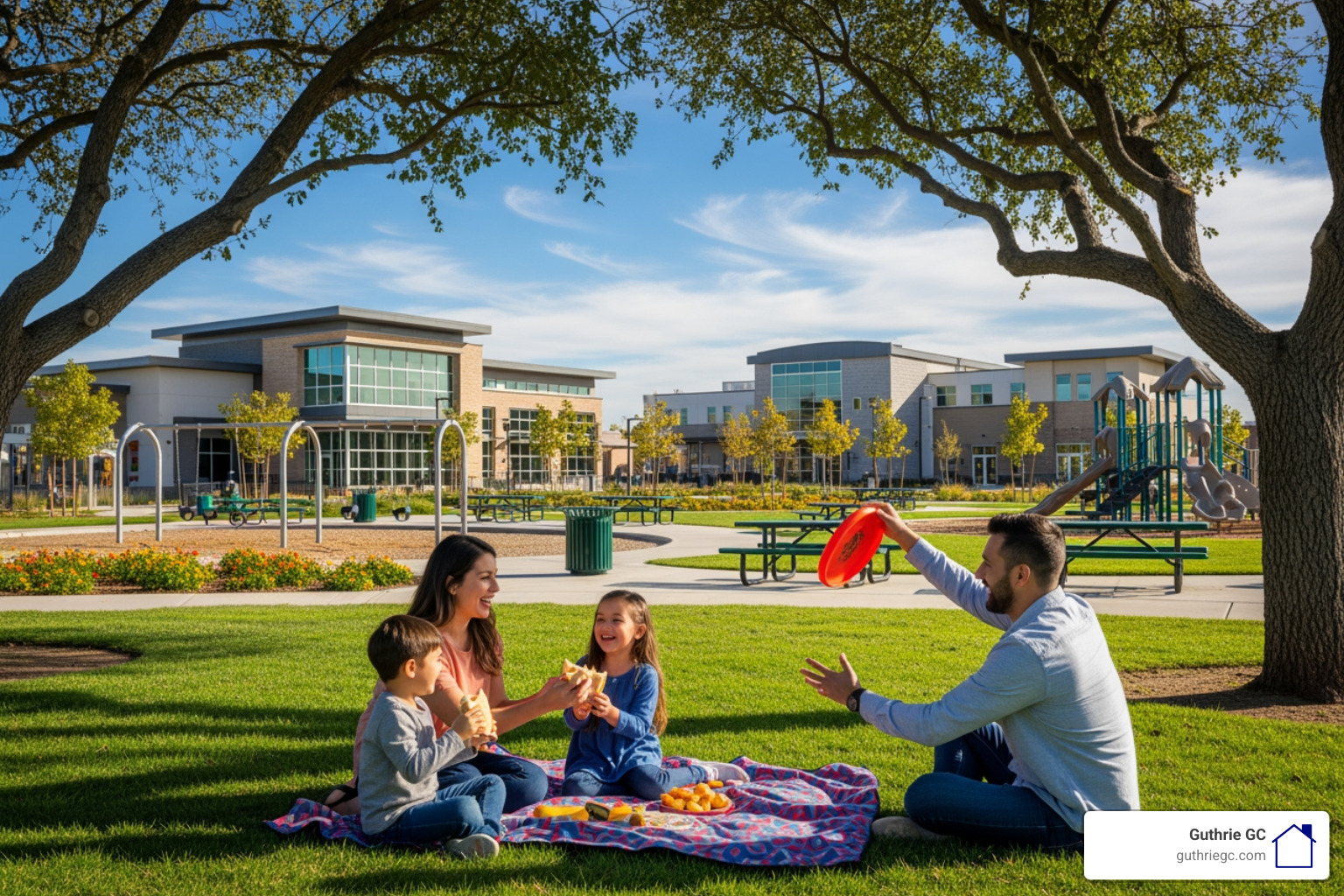 A family enjoying a sunny day at a Menifee park with modern community buildings in the background - new home builders menifee A family enjoying a sunny day at a Menifee park with modern community buildings in the background - new home builders menifee