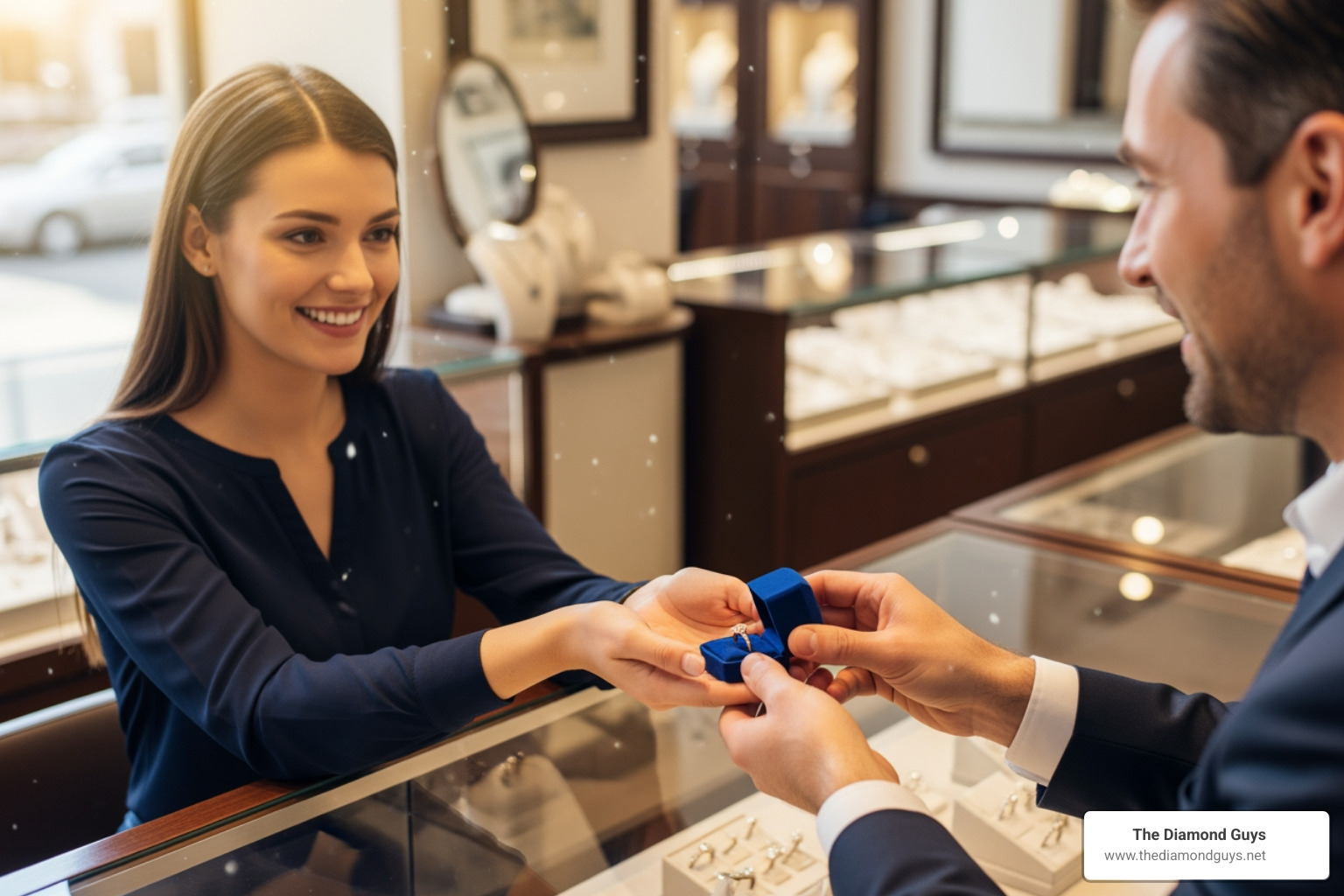 a customer happily receiving an engagement ring box over a counter - financing jewelry stores a customer happily receiving an engagement ring box over a counter - financing jewelry stores