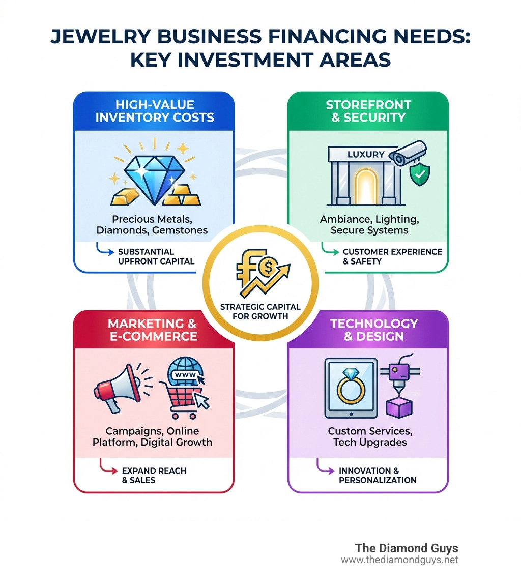 infographic showing key reasons jewelry businesses need financing including high-value inventory costs for diamonds and precious metals, storefront ambiance and security system investments, marketing campaigns and e-commerce platform development, and technology upgrades for custom design services - financing jewelry stores infographic infographic showing key reasons jewelry businesses need financing including high-value inventory costs for diamonds and precious metals, storefront ambiance and security system investments, marketing campaigns and e-commerce platform development, and technology upgrades for custom design services - financing jewelry stores infographic