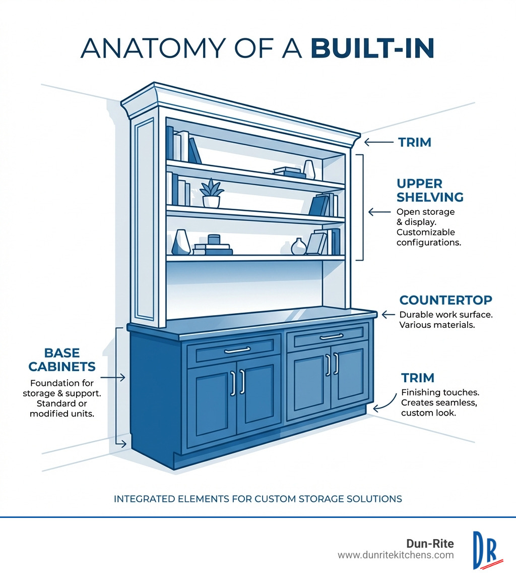 anatomy of a built-in: base cabinets, countertop, upper shelving, and trim - base cabinets for built ins infographic 
