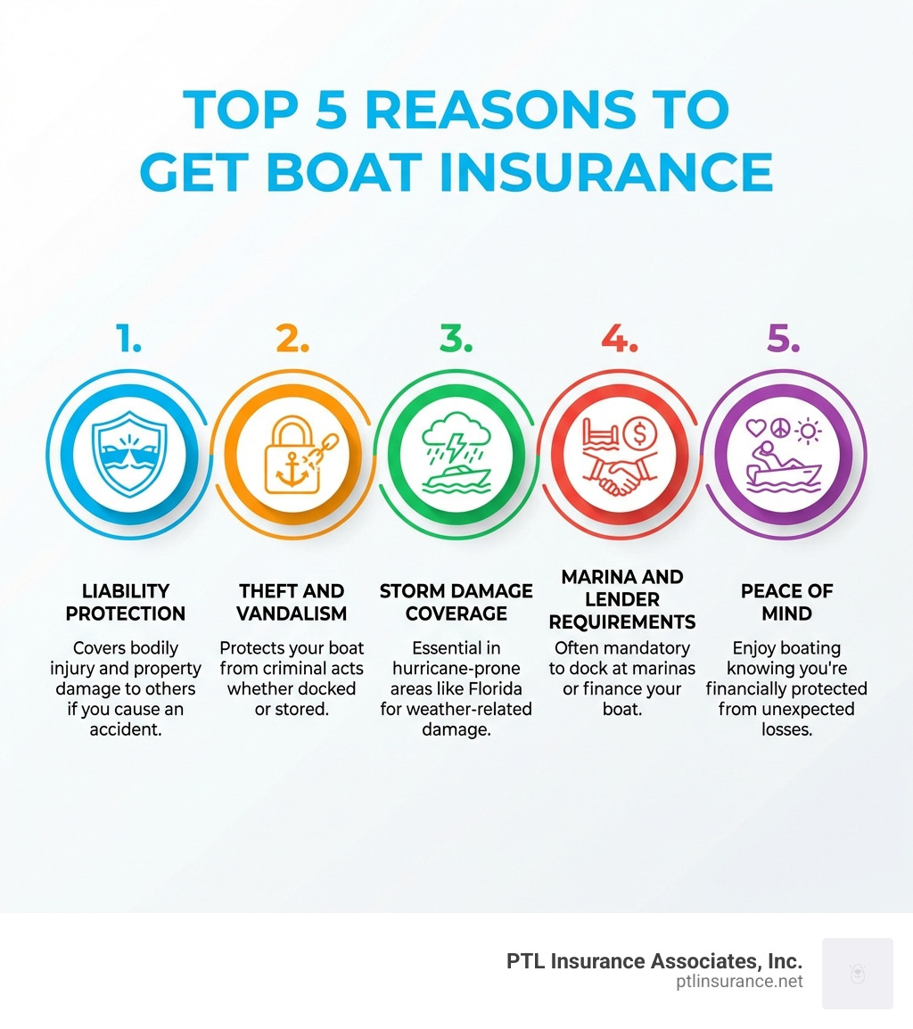 Infographic showing the top 5 reasons to get boat insurance: 1. Liability Protection - covers bodily injury and property damage to others if you cause an accident; 2. Theft and Vandalism - protects your boat from criminal acts whether docked or stored; 3. Storm Damage Coverage - essential in hurricane-prone areas like Florida for weather-related damage; 4. Marina and Lender Requirements - often mandatory to dock at marinas or finance your boat; 5. Peace of Mind - enjoy boating knowing you're financially protected from unexpected losses - boaters insurance infographic 