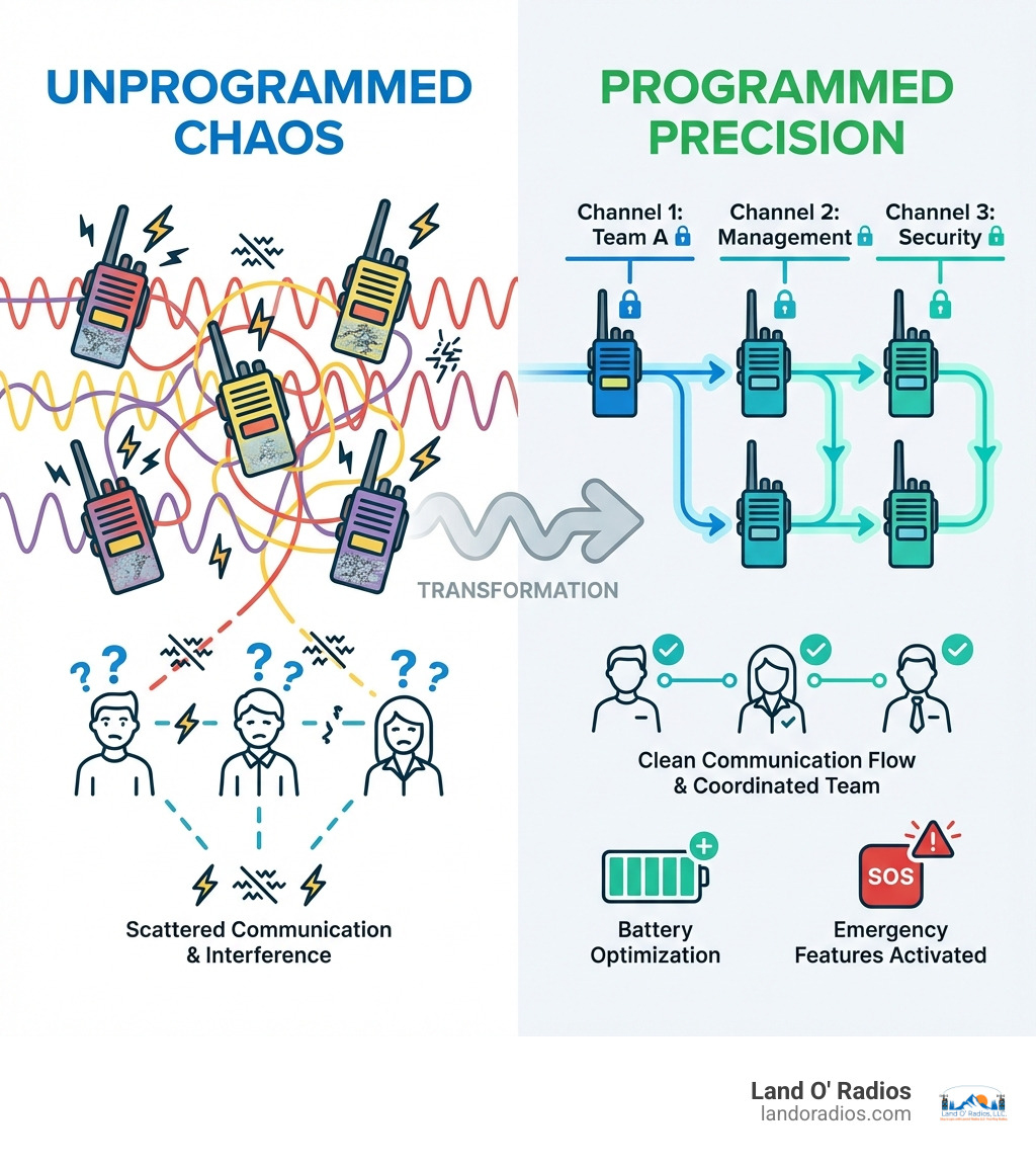 Infographic showing the transformation from unprogrammed to programmed radio network: Left side shows multiple radios with overlapping frequencies, interference symbols, and confused users labeled "Unprogrammed Chaos" with scattered communication lines and static symbols. Right side shows organized radios on dedicated channels, clear signal paths, privacy codes enabled, and coordinated team members labeled "Programmed Precision" with clean communication flow, battery optimization indicators, and emergency features activated. - Two way radio programming infographic 