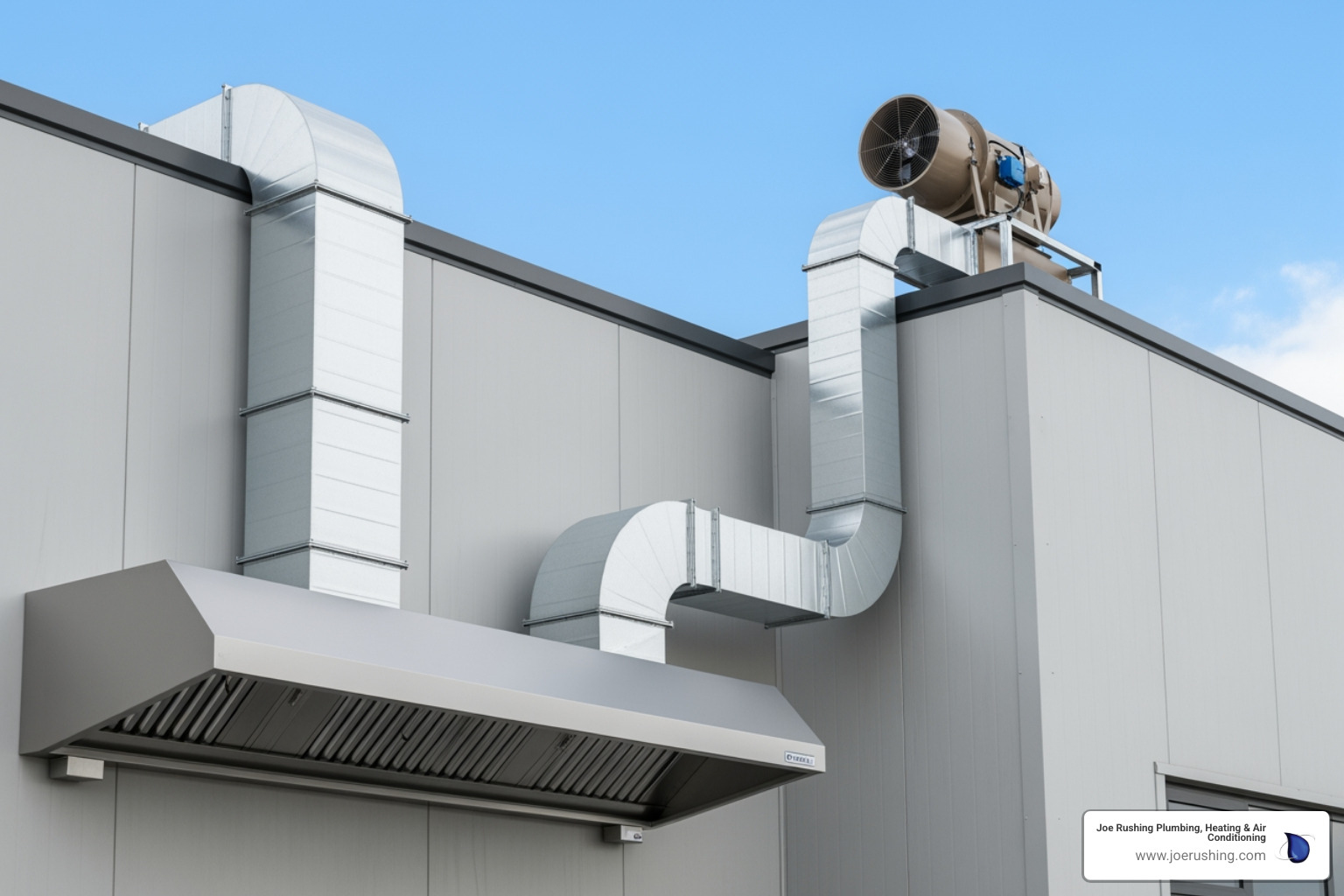 Infographic showing the essential components of a commercial kitchen exhaust system from the hood to the rooftop fan - commercial exhaust pipe in lubbock, tx
