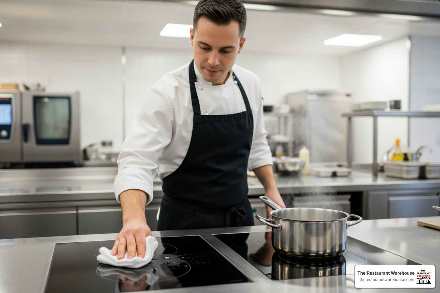 a chef easily wiping a spill off a cool induction cooktop next to a hot pan - commercial induction range with oven