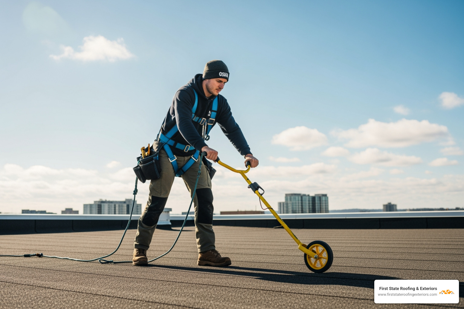 roofer using a measuring wheel - commercial roof replacement cost roofer using a measuring wheel - commercial roof replacement cost