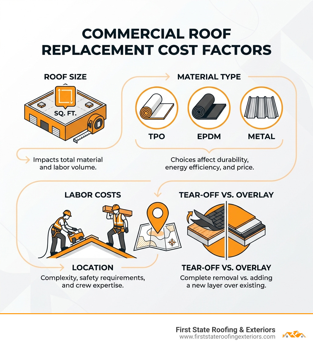 infographic showing five primary cost factors: roof size measured in square feet, material type with icons for TPO EPDM and metal, labor costs showing workers with safety equipment, location pin indicating regional differences, and tear-off versus overlay comparison - commercial roof replacement cost infographic infographic showing five primary cost factors: roof size measured in square feet, material type with icons for TPO EPDM and metal, labor costs showing workers with safety equipment, location pin indicating regional differences, and tear-off versus overlay comparison - commercial roof replacement cost infographic