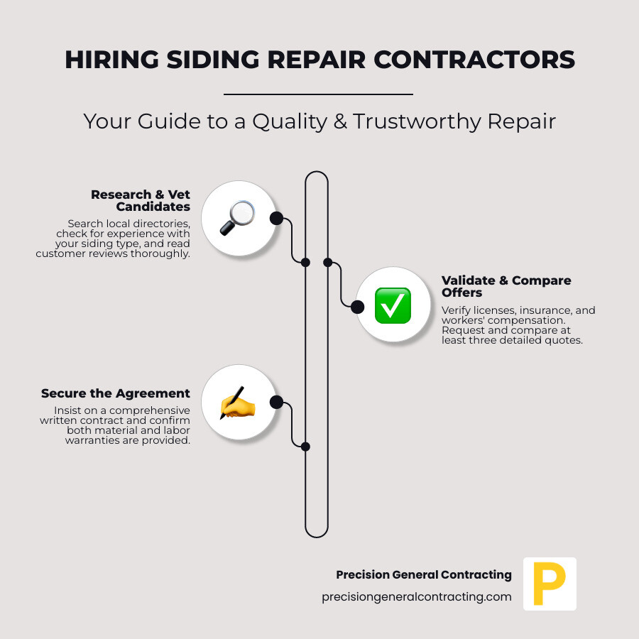 infographic showing the complete process of finding and hiring a siding repair contractor, from initial damage assessment through checking credentials, getting multiple quotes, reviewing contracts, to final project completion with warranty documentation - siding repair contractors infographic infographic-line-3-steps-elegant_beige