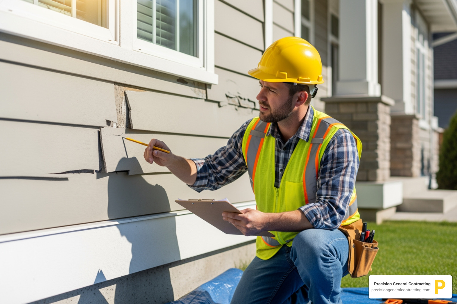 a contractor inspecting a damaged section of fiber cement siding - siding repair contractors