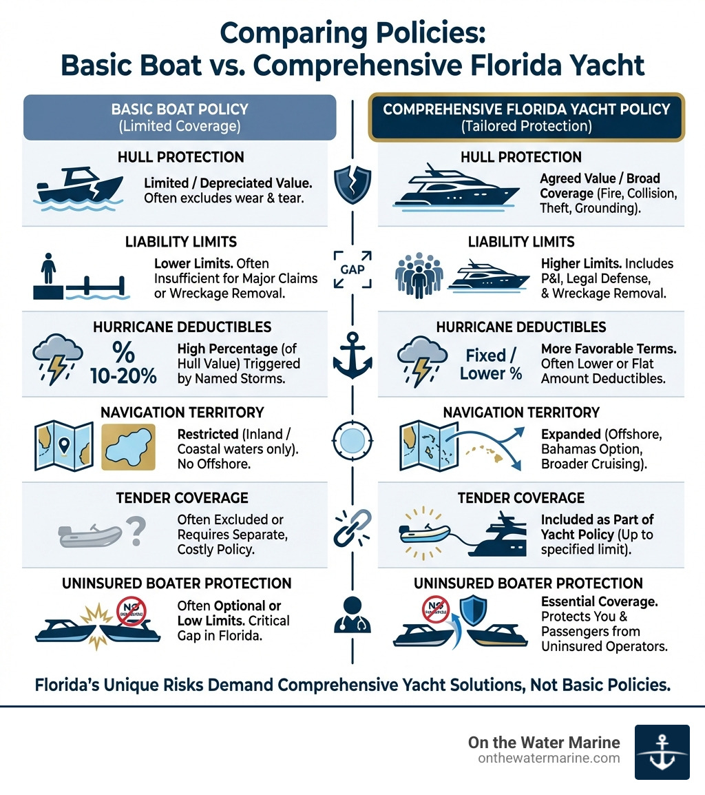 Infographic comparing basic boat policy vs comprehensive Florida yacht policy, showing coverage gaps in hull protection, liability limits, hurricane deductibles, navigation territory, tender coverage, and uninsured boater protection - boat insurance coverage Florida infographic Infographic comparing basic boat policy vs comprehensive Florida yacht policy, showing coverage gaps in hull protection, liability limits, hurricane deductibles, navigation territory, tender coverage, and uninsured boater protection - boat insurance coverage Florida infographic