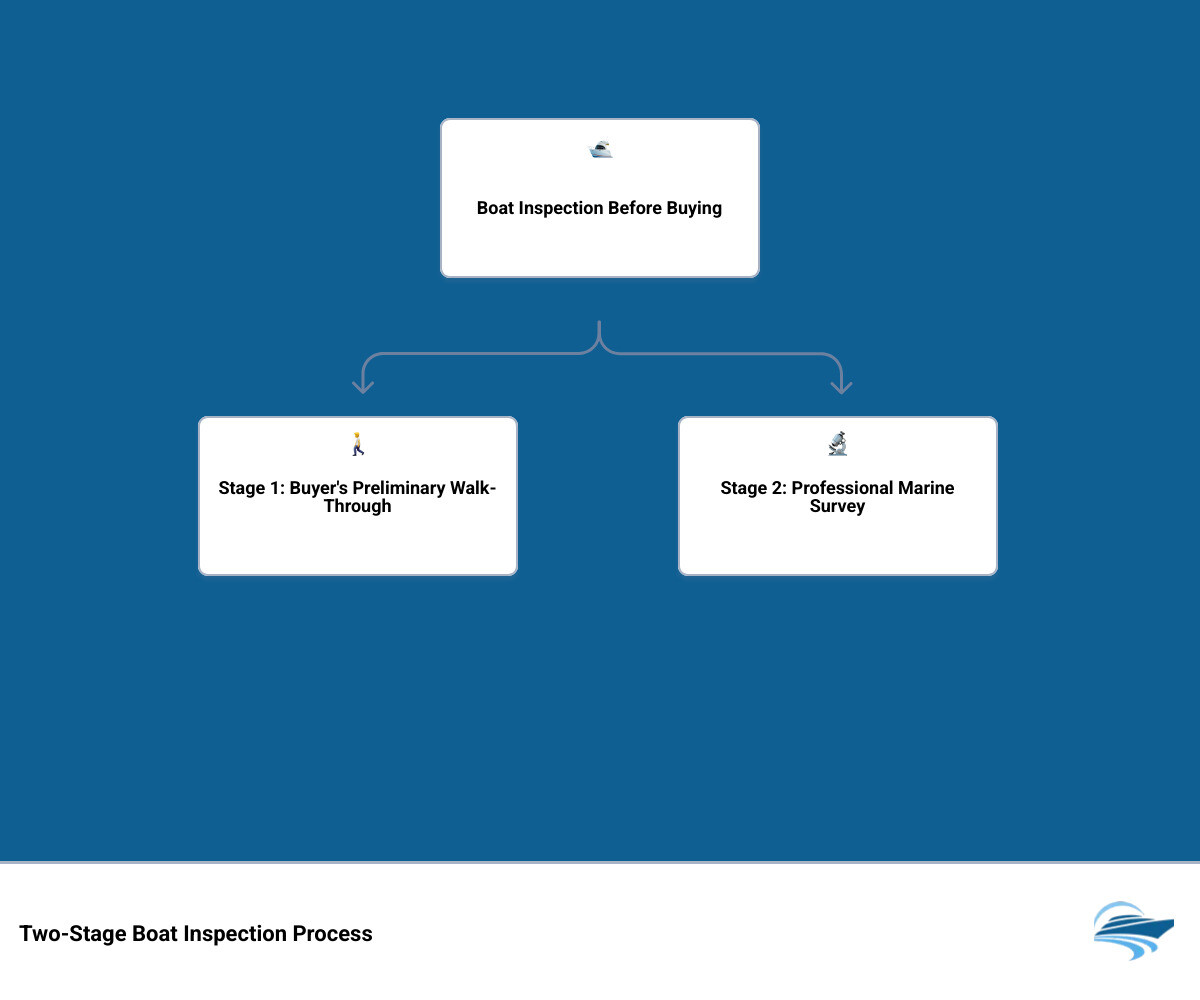 Infographic showing two-stage boat inspection process: Stage 1 shows buyer's preliminary walk-through with checklist of exterior, deck, engine, and systems checks taking 30-60 minutes; Stage 2 shows professional marine survey with detailed hull assessment, haul-out inspection, sea trial, and comprehensive report taking 4-8 hours and costing $20-25 per foot - boat inspection before buying infographic hierarchy Infographic showing two-stage boat inspection process: Stage 1 shows buyer's preliminary walk-through with checklist of exterior, deck, engine, and systems checks taking 30-60 minutes; Stage 2 shows professional marine survey with detailed hull assessment, haul-out inspection, sea trial, and comprehensive report taking 4-8 hours and costing $20-25 per foot - boat inspection before buying infographic hierarchy