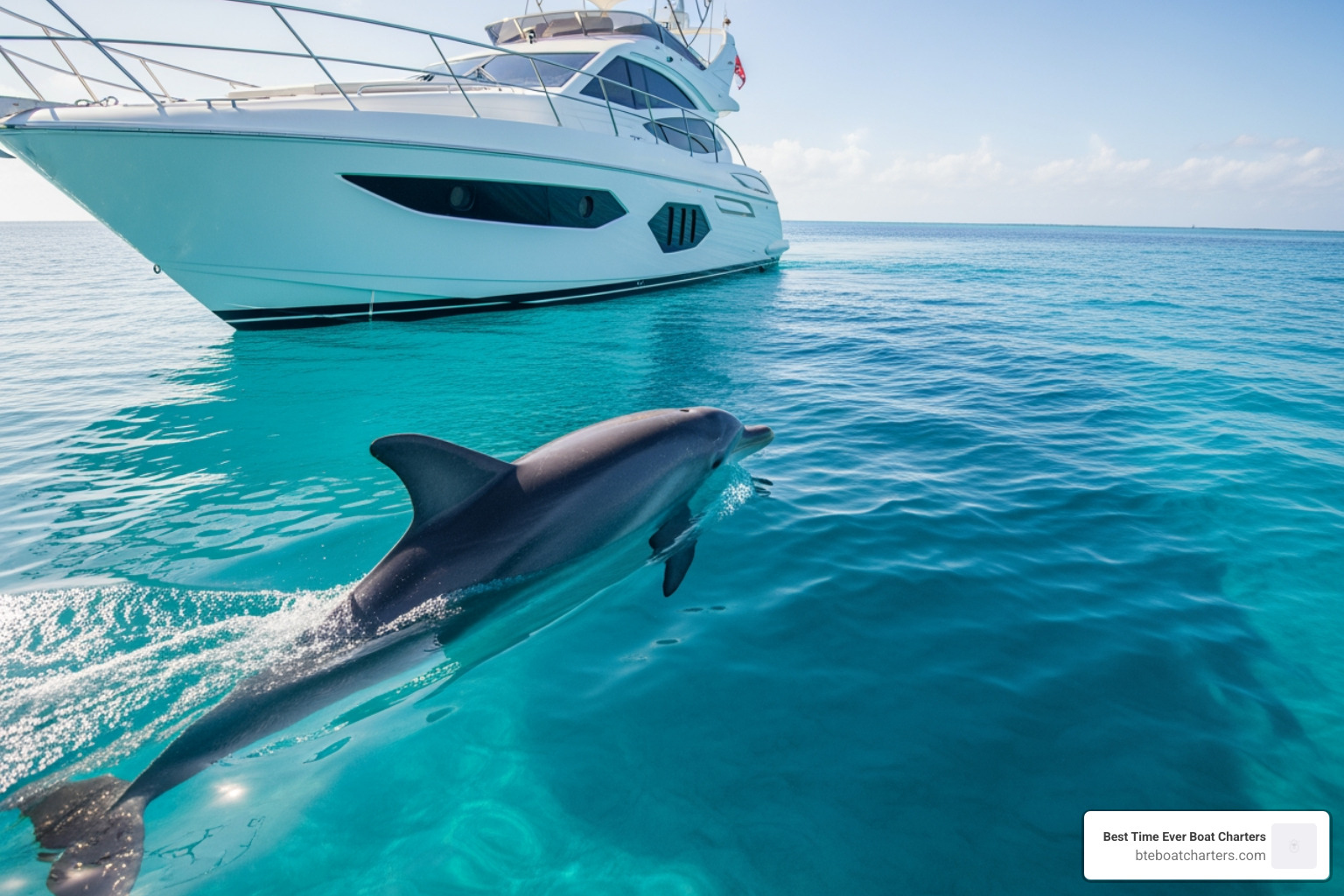 Dolphin swimming playfully near a private boat, its sleek body visible in the clear blue water - Key West eco tours