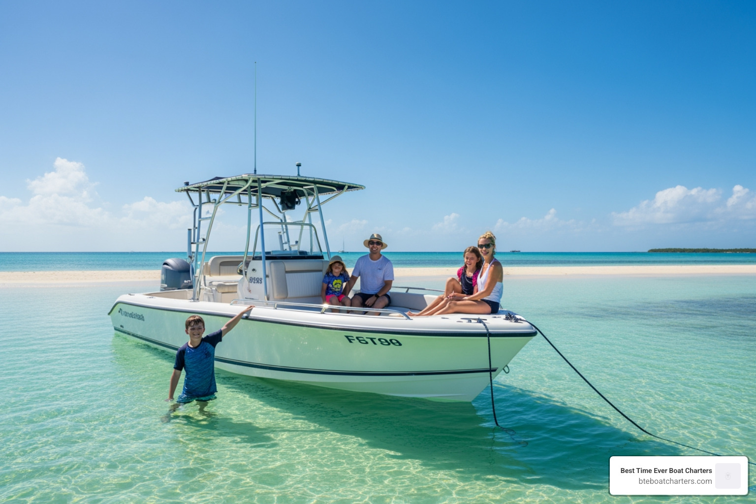 A family relaxing and enjoying themselves on a private boat anchored at a secluded sandbar in Key West, with clear shallow water surrounding them - Key West eco tours