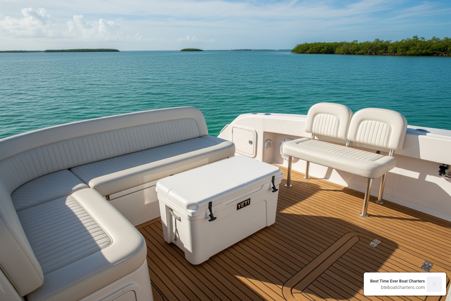 a clean boat deck with comfortable seating and a cooler - private charters key west
