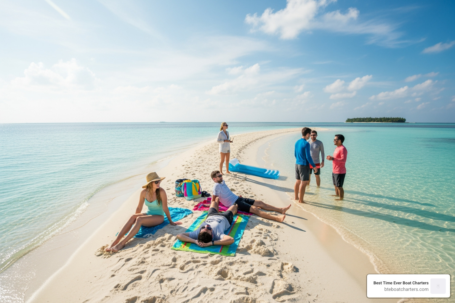 a small group relaxing alone on a pristine, white-sand sandbar - private charters key west