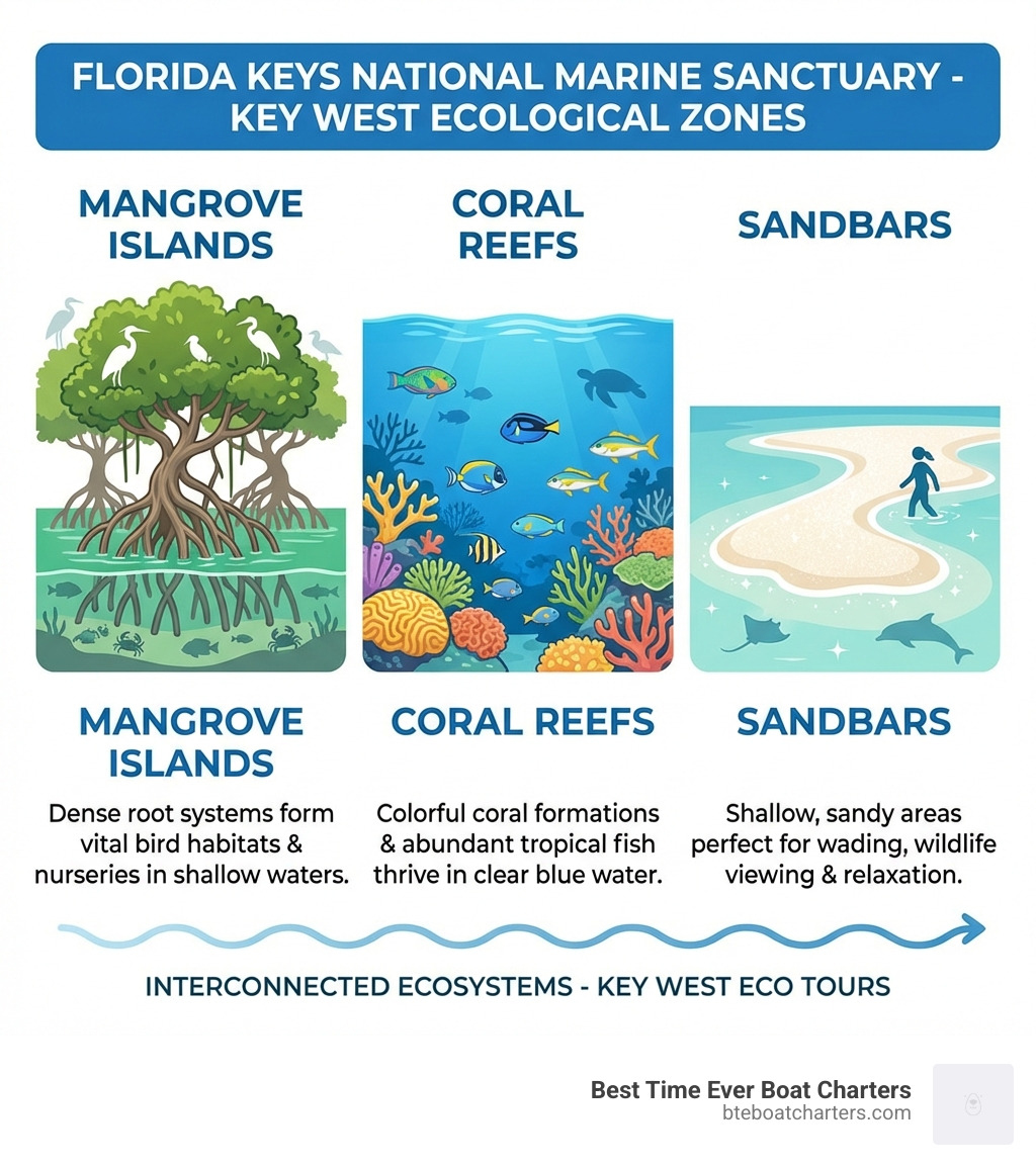 Infographic showing Key West's main ecological zones with three distinct areas: Mangrove Islands featuring dense root systems and bird habitats in shallow green waters, Coral Reefs displaying colorful coral formations and tropical fish in clear blue water, and Sandbars showing white sandy areas perfect for wading and wildlife viewing, all within the Florida Keys National Marine Sanctuary - Key West eco tours infographic 