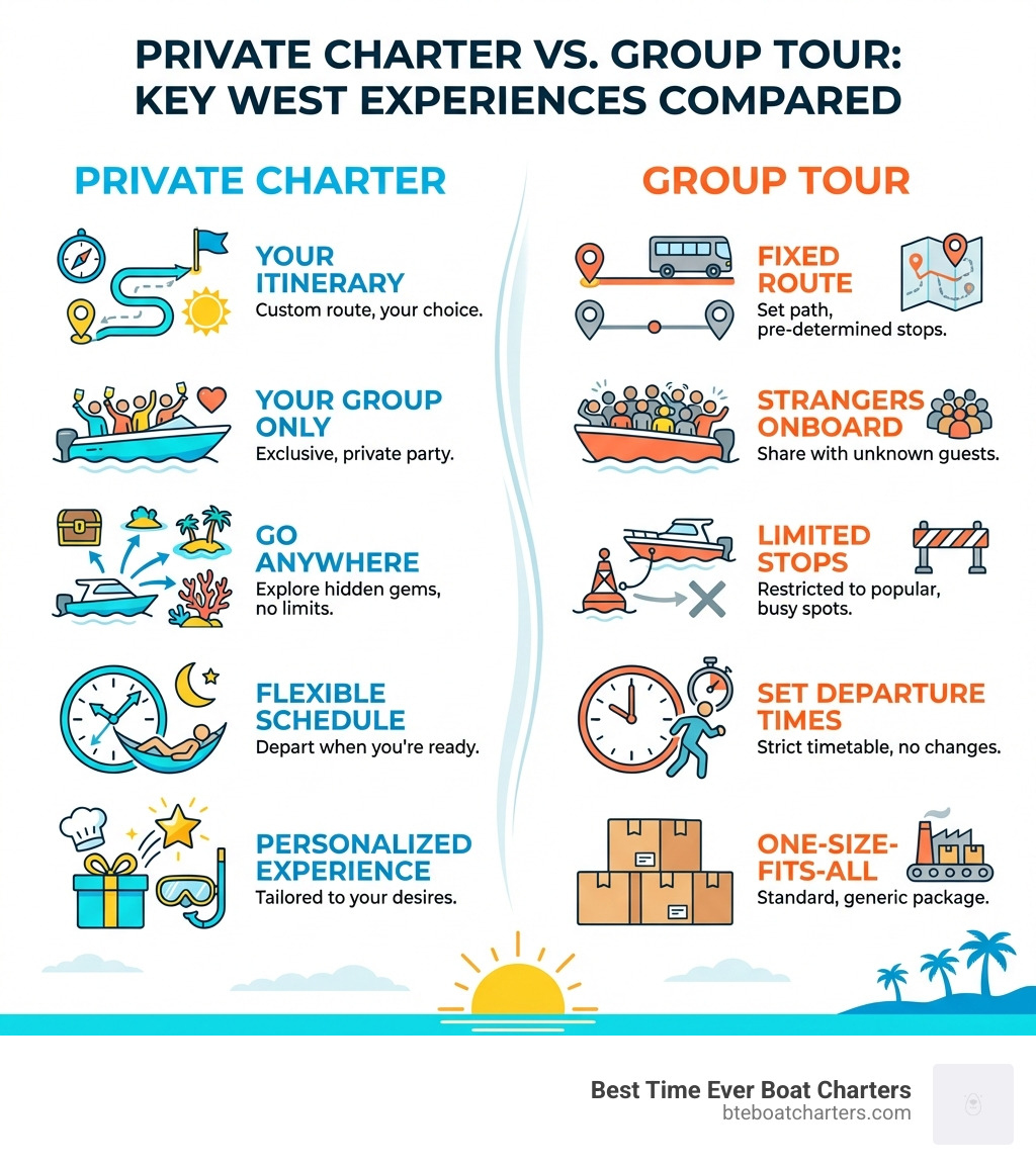 Infographic comparing Private Charter vs Group Tour showing Your Itinerary vs Fixed Route, Your Group Only vs Strangers Onboard, Go Anywhere vs Limited Stops, Flexible Schedule vs Set Departure Times, and Personalized Experience vs One-Size-Fits-All - private charters key west infographic 