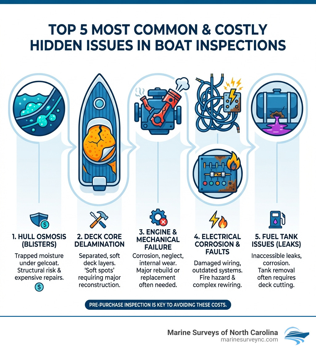 Infographic explaining the top 5 most common (and costly) hidden issues found during boat inspections, such as hull osmosis, deck core delamination, and engine failure. - boat pre purchase inspection checklist infographic Infographic explaining the top 5 most common (and costly) hidden issues found during boat inspections, such as hull osmosis, deck core delamination, and engine failure. - boat pre purchase inspection checklist infographic