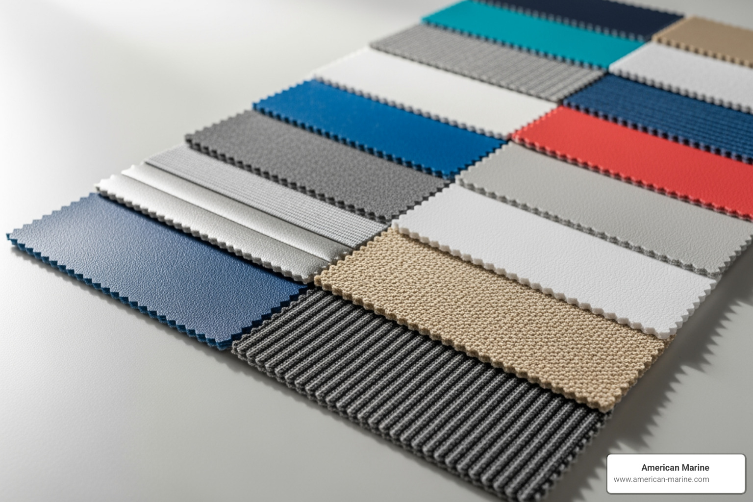 image of marine-grade vinyl and performance fabric swatches used in American Marine projects - marine upholstery repair