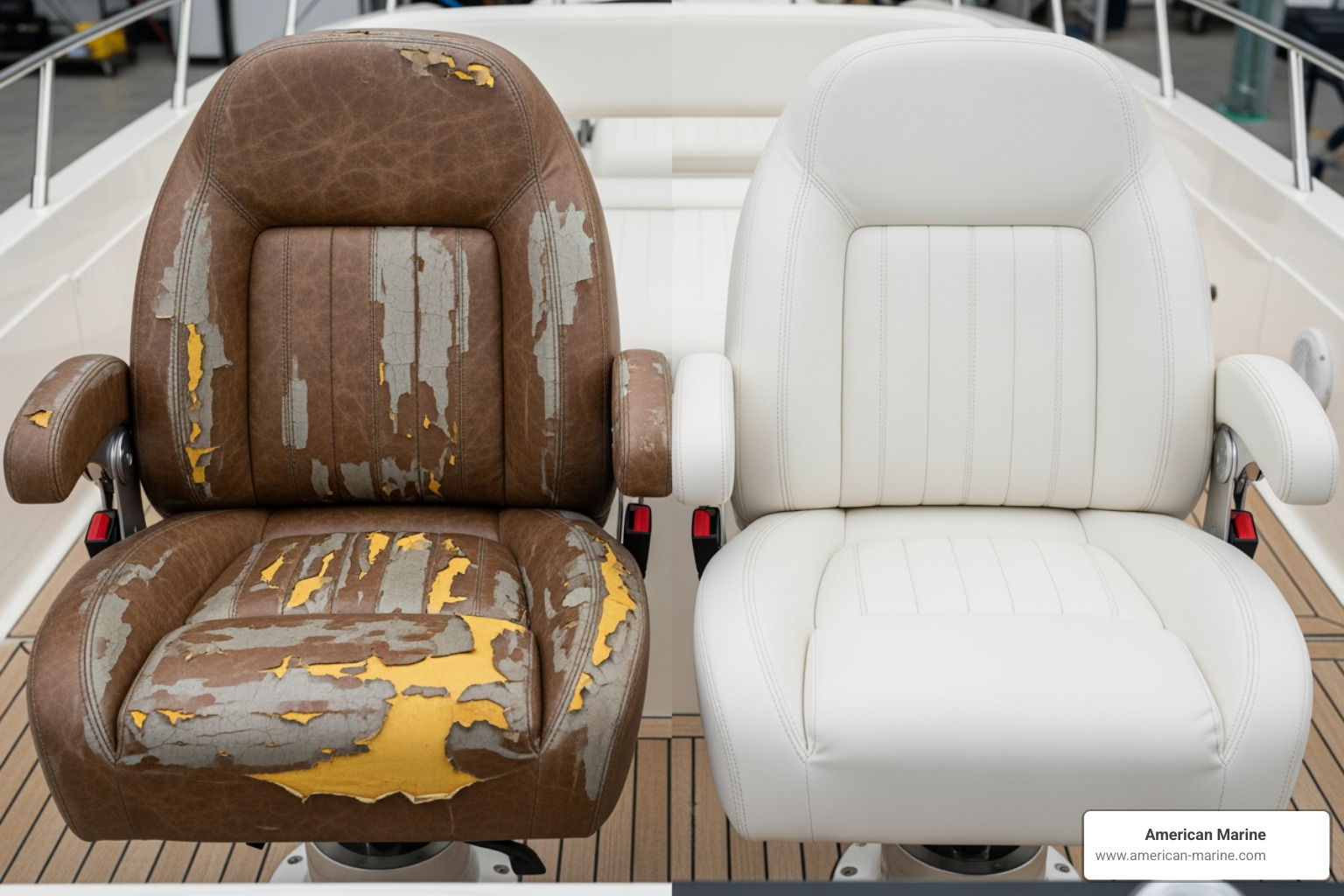 image of a worn helm seat adjacent to a newly fabricated one - marine upholstery repair