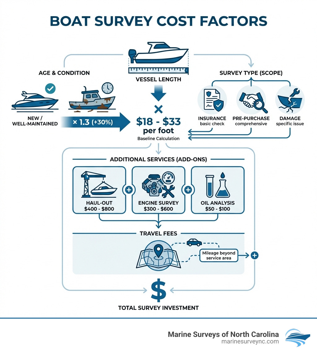 Infographic showing boat survey cost factors: vessel length (multiplied by $18-$33/foot), vessel age and condition (older/poorly maintained boats cost 30% more), survey type (insurance vs pre-purchase vs damage), additional services (haul-out $400-$800, engine survey $300-$600, oil analysis $50-$100), and travel fees (mileage beyond service area) - boat survey cost infographic Infographic showing boat survey cost factors: vessel length (multiplied by $18-$33/foot), vessel age and condition (older/poorly maintained boats cost 30% more), survey type (insurance vs pre-purchase vs damage), additional services (haul-out $400-$800, engine survey $300-$600, oil analysis $50-$100), and travel fees (mileage beyond service area) - boat survey cost infographic