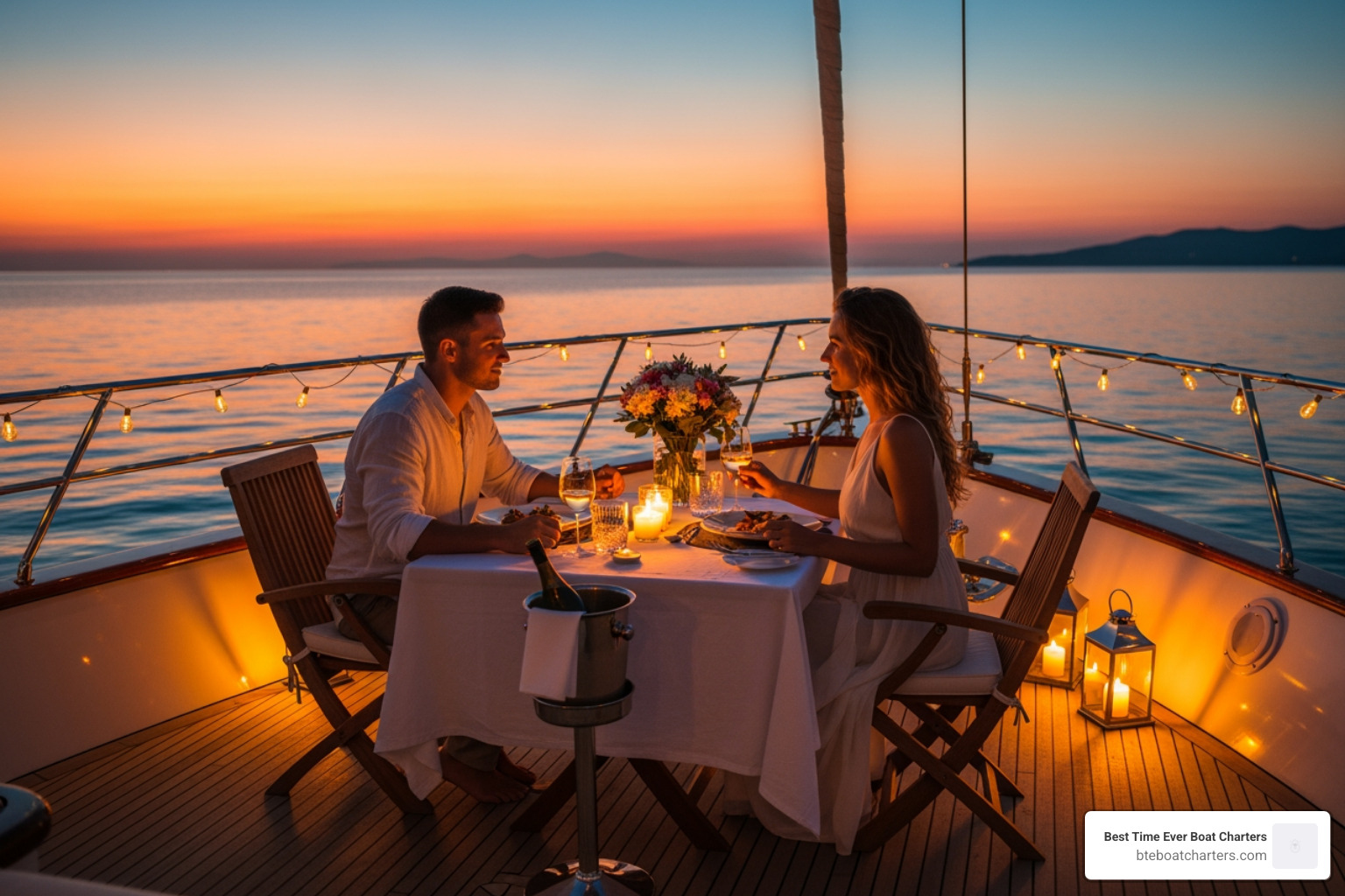 Couple enjoying a meal on the deck of a yacht at sunset - yacht rentals florida keys Couple enjoying a meal on the deck of a yacht at sunset - yacht rentals florida keys