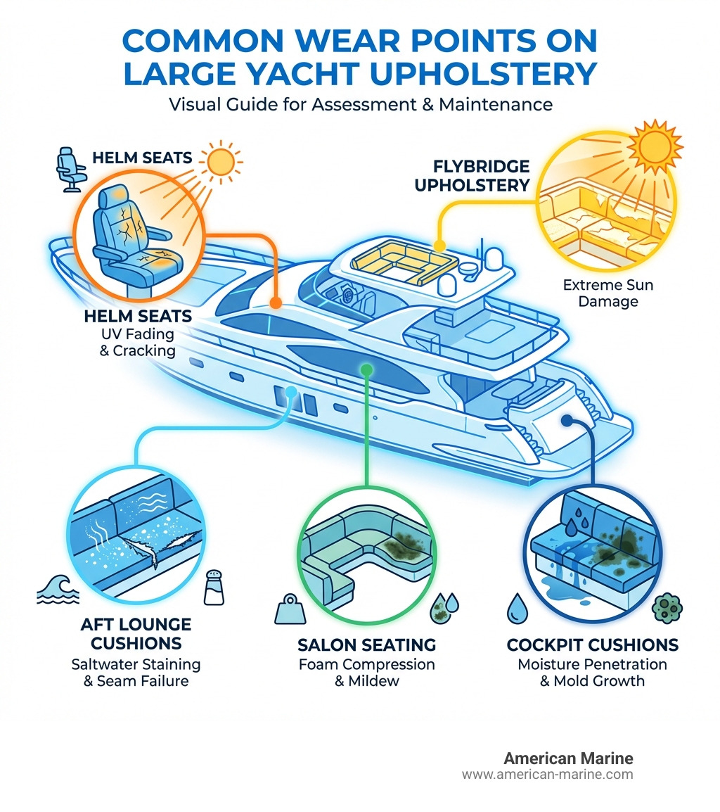 Infographic showing common wear points on large yacht upholstery: helm seats with UV fading and cracking, aft lounge cushions with saltwater staining and seam failure, salon seating with foam compression and mildew, flybridge upholstery with extreme sun damage, and cockpit cushions with moisture penetration and mold growth - marine upholstery repair infographic 
