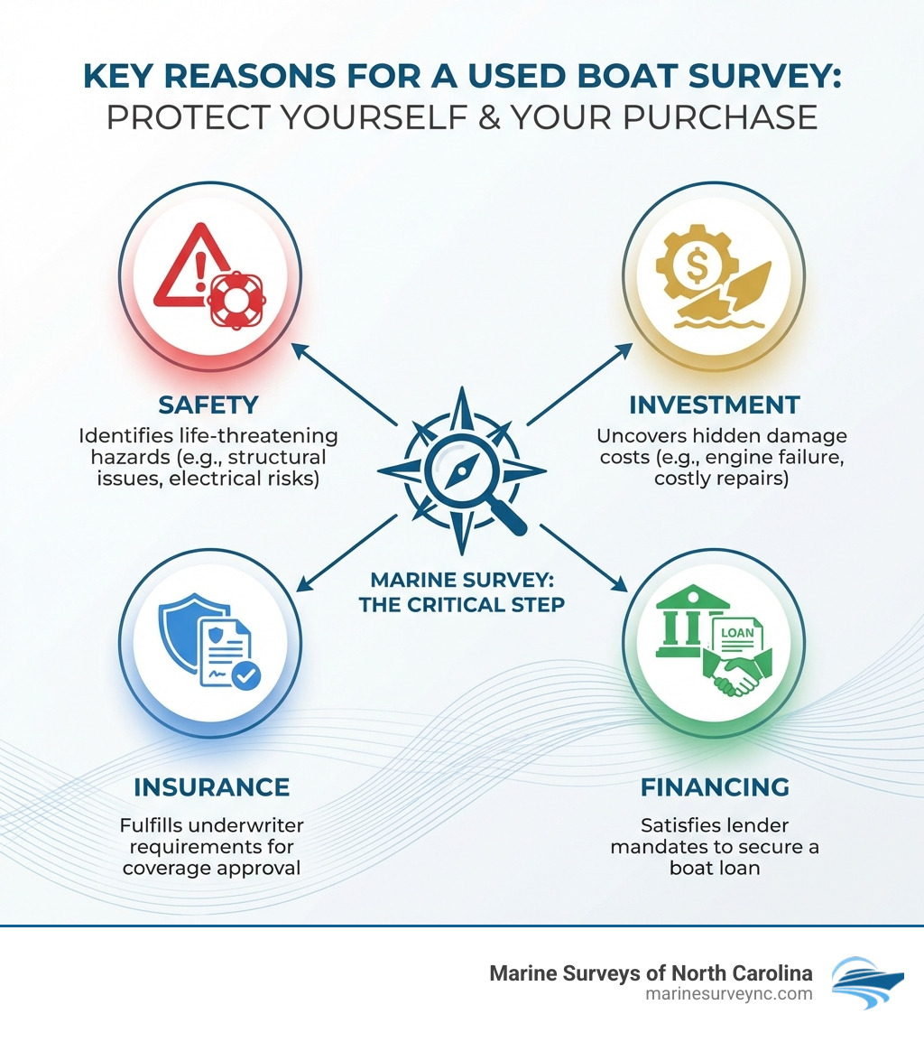 infographic showing four key reasons for a marine survey: Safety (life-threatening hazards), Investment (hidden damage costs), Insurance (underwriter requirements), and Financing (lender mandates) - used boat survey infographic infographic showing four key reasons for a marine survey: Safety (life-threatening hazards), Investment (hidden damage costs), Insurance (underwriter requirements), and Financing (lender mandates) - used boat survey infographic