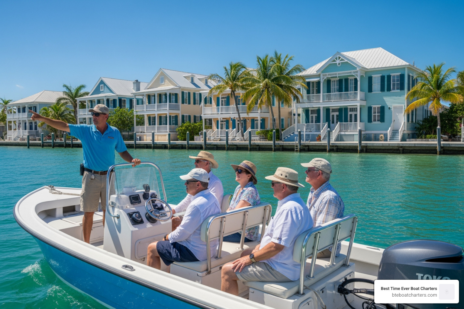 A small group on a boat with a local guide pointing out Key West landmarks from the water - Key West guided tours