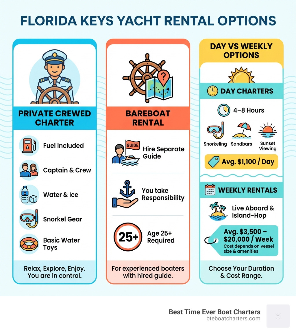 infographic showing three columns: Private Crewed Charter with captain icon and list of inclusions, Bareboat Rental with guide requirement and age restriction, and Day vs Weekly options with duration and cost ranges - yacht rentals florida keys infographic infographic showing three columns: Private Crewed Charter with captain icon and list of inclusions, Bareboat Rental with guide requirement and age restriction, and Day vs Weekly options with duration and cost ranges - yacht rentals florida keys infographic