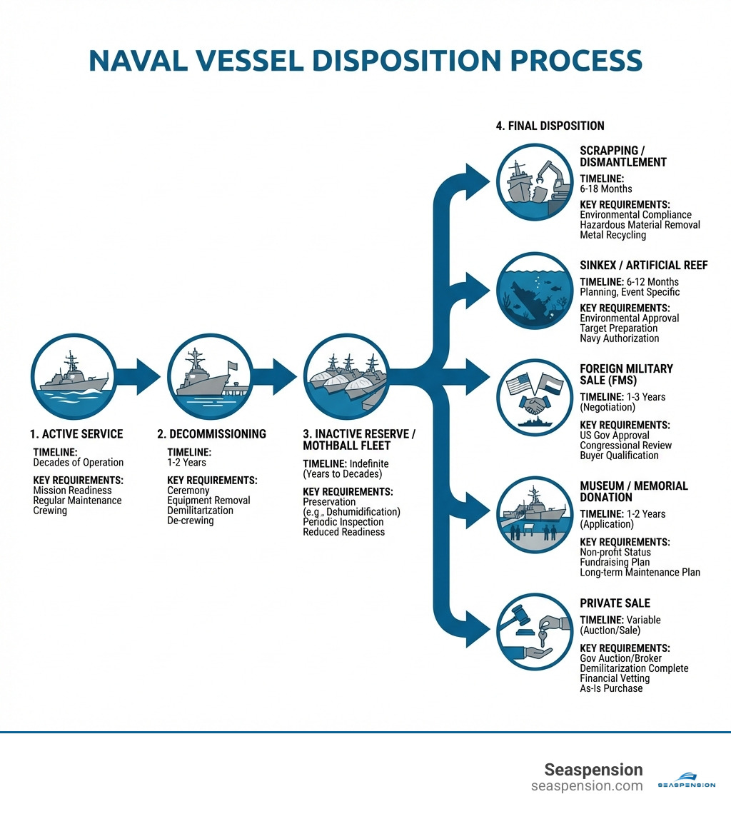 Infographic showing the naval vessel disposition process: Active Service → Decommissioning → Inactive Reserve/Mothball Fleet → Final Disposition (branching to: Scrapping/Dismantlement, SINKEX/Artificial Reef, Foreign Military Sale, Museum/Memorial Donation, or Private Sale). Each stage includes typical timeline and key requirements. - decommissioned navy ships for sale infographic Infographic showing the naval vessel disposition process: Active Service → Decommissioning → Inactive Reserve/Mothball Fleet → Final Disposition (branching to: Scrapping/Dismantlement, SINKEX/Artificial Reef, Foreign Military Sale, Museum/Memorial Donation, or Private Sale). Each stage includes typical timeline and key requirements. - decommissioned navy ships for sale infographic