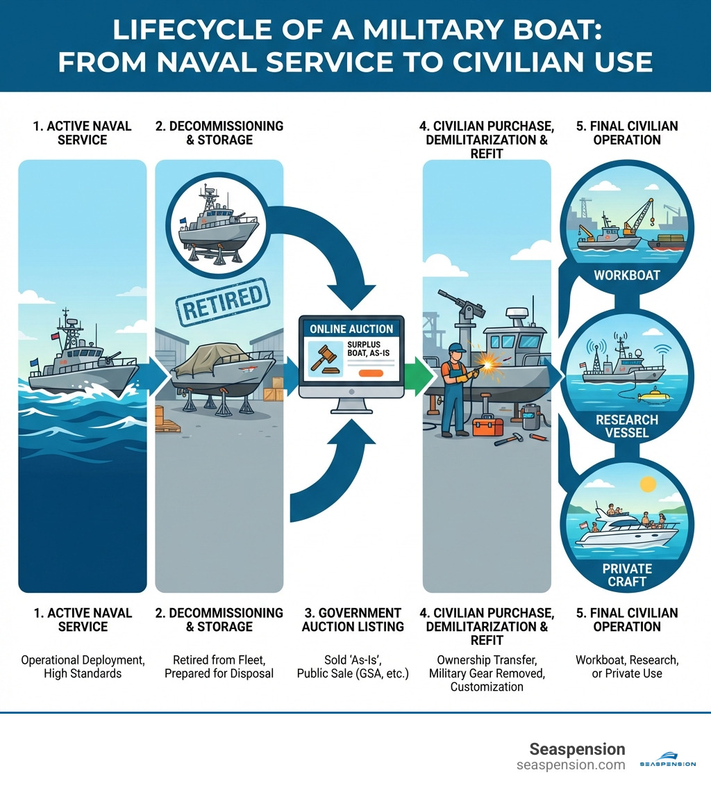 Infographic showing the lifecycle of a military boat from active naval service through decommissioning, government auction listing, civilian purchase, demilitarization and refit, and final civilian operation as a workboat, research vessel, or private craft - military boat for sale infographic 