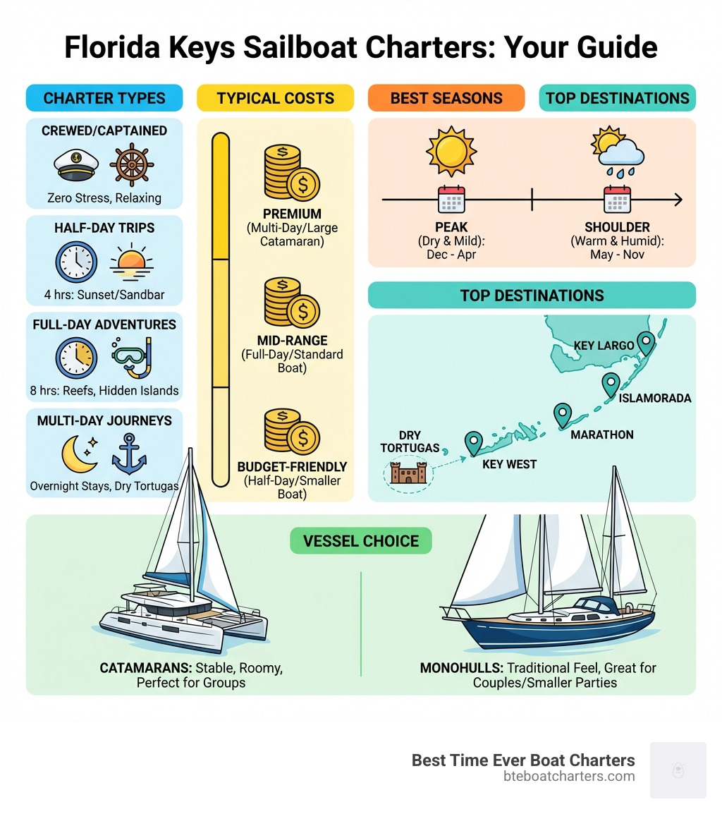 infographic showing main charter types, typical costs, best seasons, and top destinations from Key Largo to Key West with images of catamarans and monohulls - charter sailboat florida keys infographic 