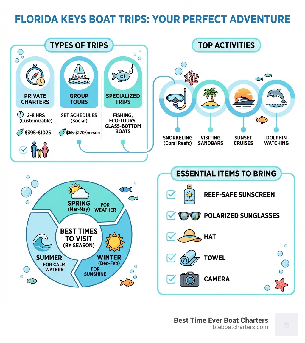 Infographic showing types of Florida Keys boat trips: Private Charters (2-8 hours, fully customizable, $395-$1025), Group Tours (set schedules, social, $65-$170/person), and Specialized Trips (fishing, eco-tours, glass-bottom boats); plus top activities including snorkeling at coral reefs, visiting sandbars, sunset cruises, and dolphin watching; best times to visit by season; and essential items to bring like reef-safe sunscreen, polarized sunglasses, hat, towel, and camera - Florida Keys boat trip infographic 