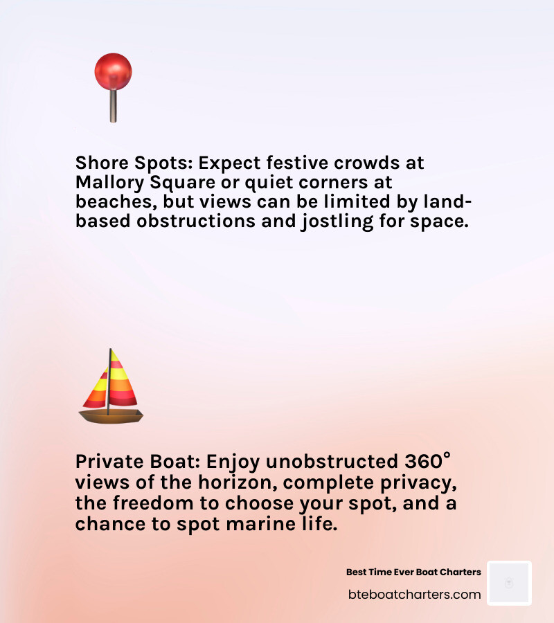 Infographic comparing sunset viewing options in Key West: land-based spots show crowds and limited views; private boat charters show open water, privacy, and 360-degree sunset views with dolphins and calm waves - Best sunset Key West infographic 2_facts_emoji_light-gradient Infographic comparing sunset viewing options in Key West: land-based spots show crowds and limited views; private boat charters show open water, privacy, and 360-degree sunset views with dolphins and calm waves - Best sunset Key West infographic 2_facts_emoji_light-gradient