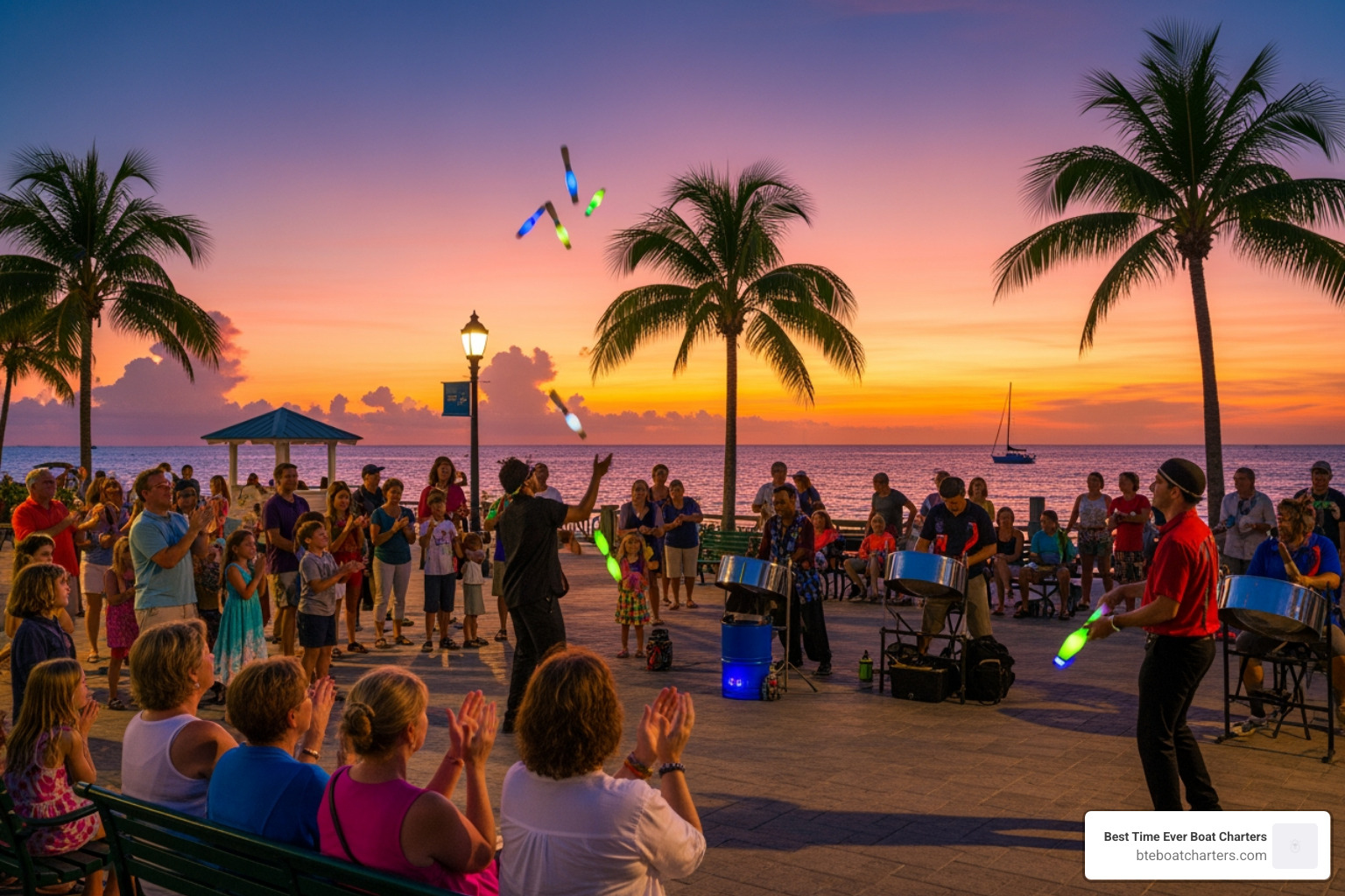 families and friends clapping as the sun sets at Mallory Square - Best sunset Key West families and friends clapping as the sun sets at Mallory Square - Best sunset Key West