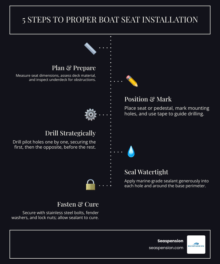 Infographic showing the five main steps of boat seat installation: 1) Measure deck space and check underneath for obstructions, 2) Position seat base and mark mounting holes with tape guide, 3) Drill pilot holes one at a time starting with opposite corners, 4) Apply marine sealant into holes and around base perimeter, 5) Install stainless steel bolts with fender washers and lock nuts, then allow full cure time - how to install a boat seat infographic infographic-line-5-steps-dark