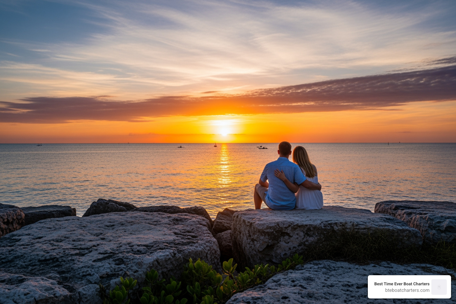 couple sitting on the rocks at Fort Zachary Taylor, watching the sun dip low - Best sunset Key West couple sitting on the rocks at Fort Zachary Taylor, watching the sun dip low - Best sunset Key West