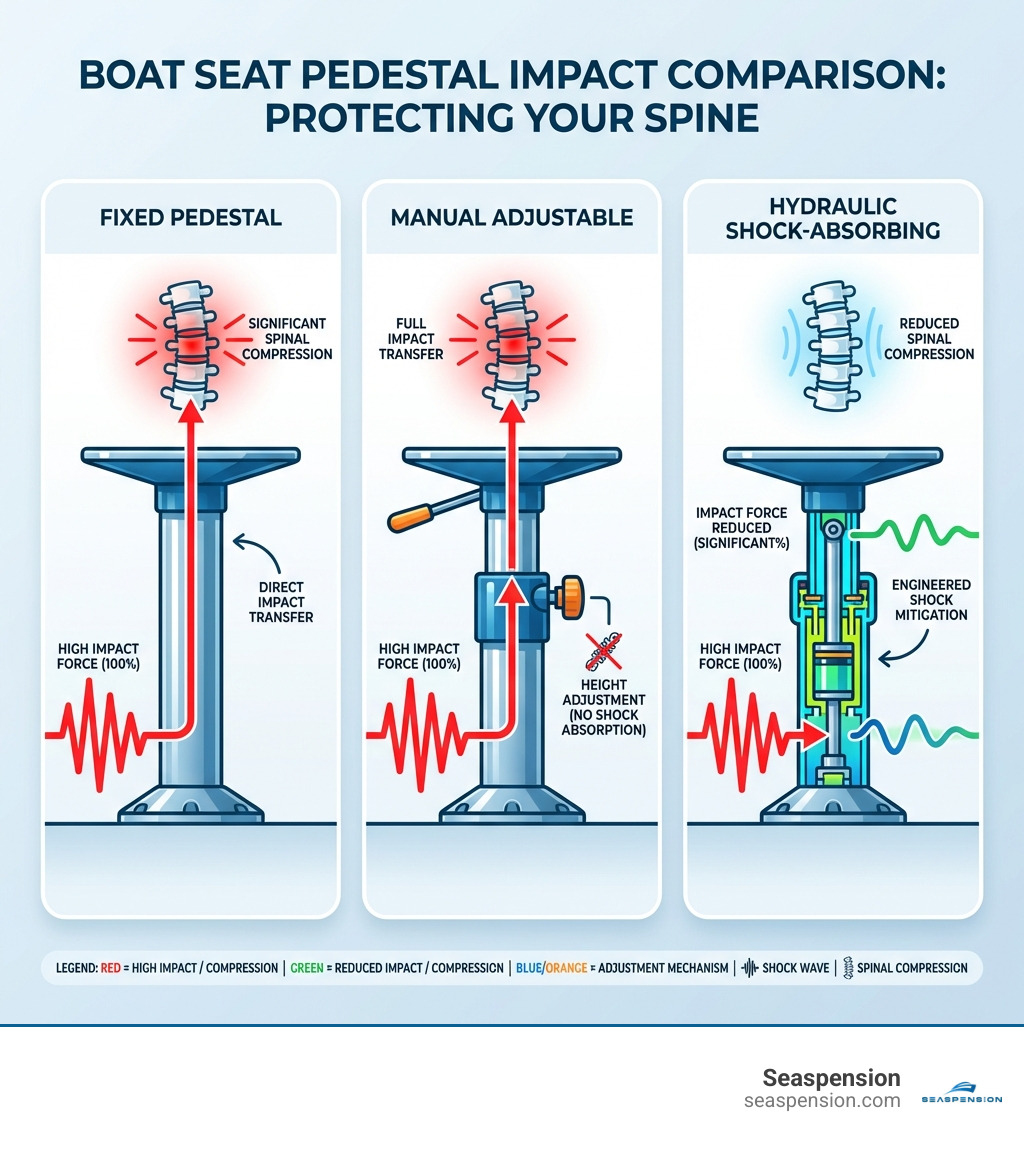 Infographic comparing three pedestal types side-by-side showing fixed pedestal transferring 100% of impact forces directly to spine, manual adjustable pedestal with height adjustment but still transferring full impact, and hydraulic shock-absorbing pedestal with dampening system reducing impact forces by significant percentage, with visual representation of shock waves and spinal compression for each type - adjustable boat seat pedestal infographic 
