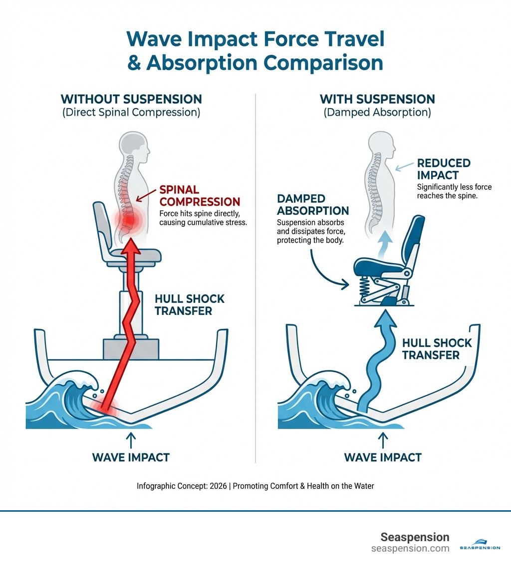 Infographic showing how wave impact forces travel through a boat hull and into the spine, with a comparison of absorbed force using suspension versus direct spinal compression without suspension, labeled with key terms: wave impact, hull shock transfer, spinal compression, and damped absorption - boat suspension seat infographic 