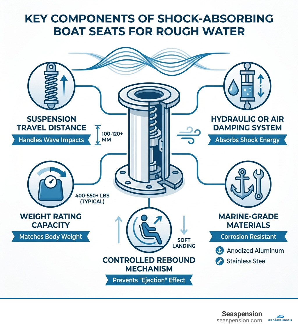 Infographic showing the key components of shock-absorbing boat seats for rough water: suspension travel distance, a damping system, weight rating capacity, marine-grade materials (anodized aluminum and stainless steel), and controlled rebound mechanism to prevent ejection effect - boat seats for rough water infographic Infographic showing the key components of shock-absorbing boat seats for rough water: suspension travel distance, a damping system, weight rating capacity, marine-grade materials (anodized aluminum and stainless steel), and controlled rebound mechanism to prevent ejection effect - boat seats for rough water infographic