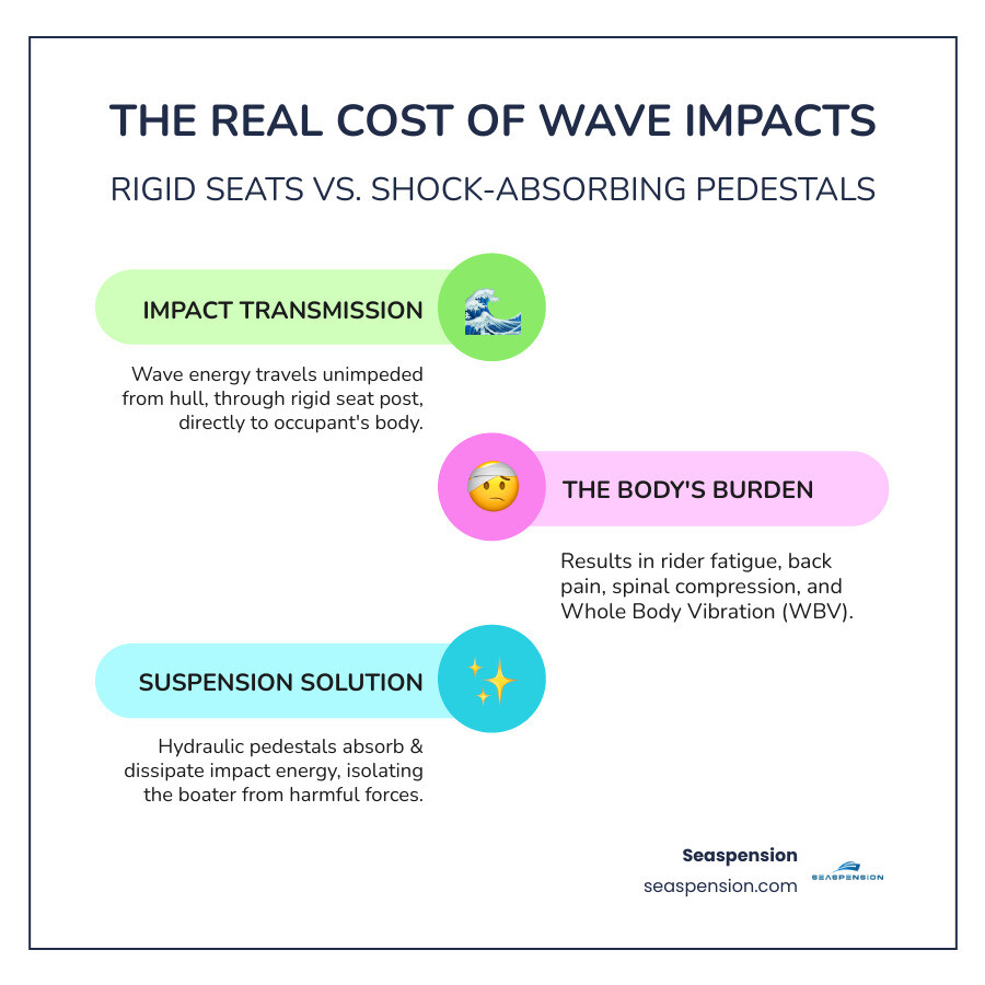 Infographic explaining how wave shock travels from the hull through a standard rigid seat post and into an occupant's spine, compared to a suspension pedestal absorbing and dissipating shock - Marine suspension pedestal infographic infographic-line-3-steps-colors Infographic explaining how wave shock travels from the hull through a standard rigid seat post and into an occupant's spine, compared to a suspension pedestal absorbing and dissipating shock - Marine suspension pedestal infographic infographic-line-3-steps-colors