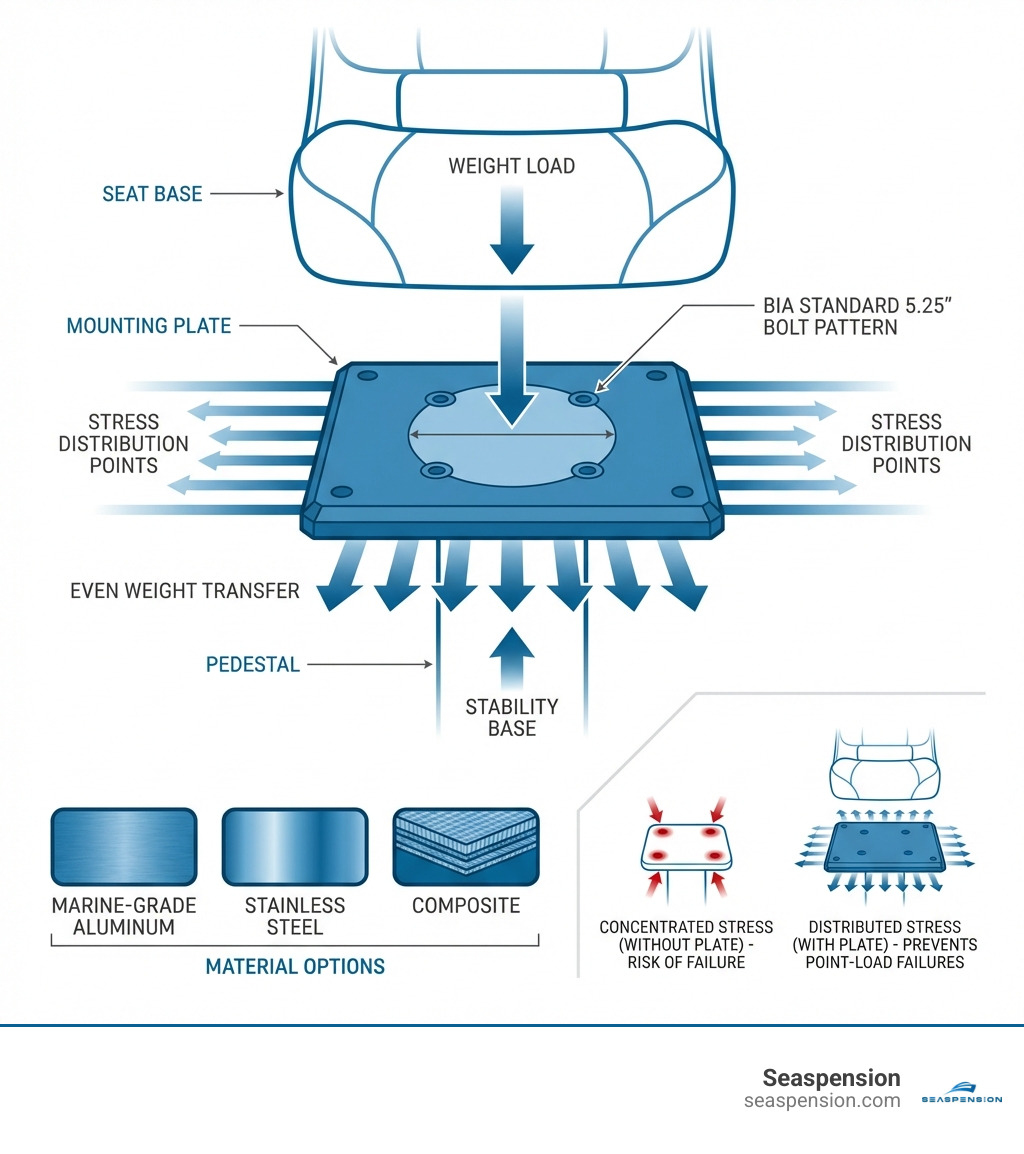 Infographic showing boat seat mounting plate components: the plate itself positioned between seat base and pedestal, with labels indicating stress distribution points, bolt pattern (typically BIA standard 5.25"), material options (marine-grade aluminum, stainless steel, composite), and arrows showing how weight transfers evenly across the seat base to prevent point-load failures - boat seat mounting plate infographic 