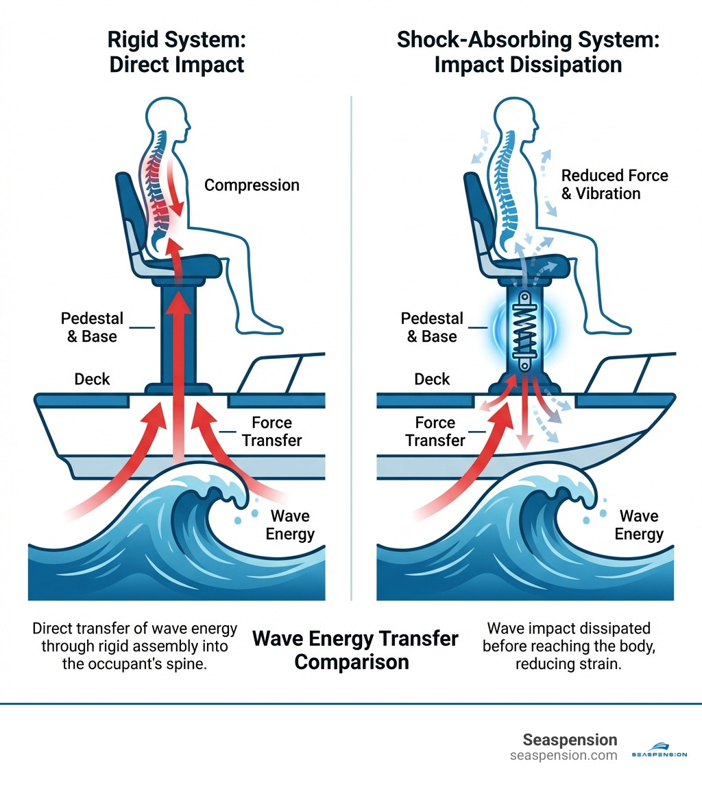 Infographic showing how wave energy transfers from hull through rigid boat seat pedestal and base assembly into occupant's spine, with force arrows indicating compression path from deck mounting through pedestal post to seat, compared to shock-absorbing system that dissipates impact before reaching the body - boat seat pedestal and base infographic 