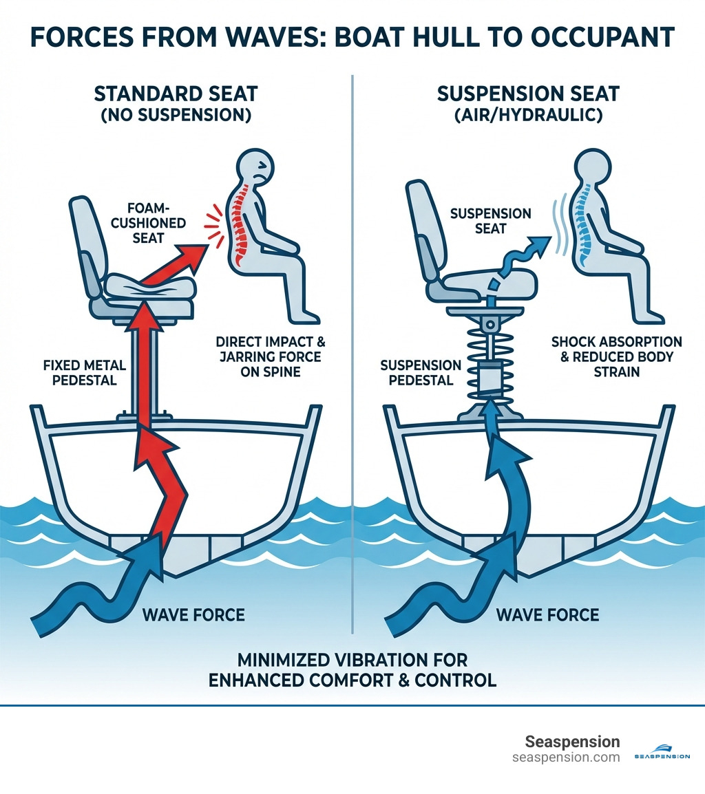 infographic showing forces from waves traveling through boat hull into occupant's body, with and without suspension - air suspension boat seats infographic 