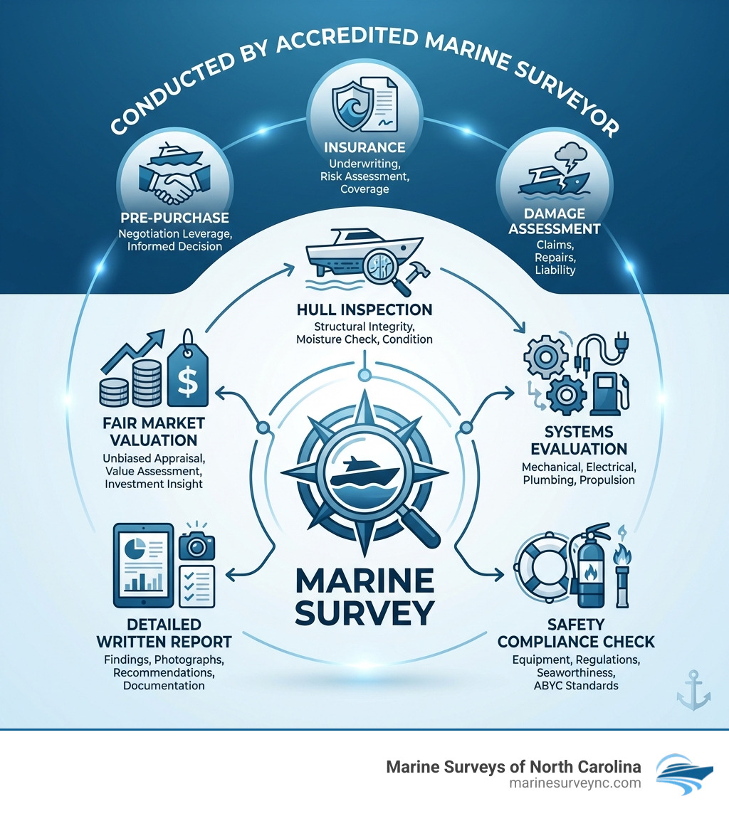 Infographic showing the core components of a marine survey: hull inspection, systems evaluation, safety compliance check, detailed written report with photos, and fair market valuation—conducted by an accredited marine surveyor for pre-purchase, insurance, or damage assessment purposes - what is marine survey infographic Infographic showing the core components of a marine survey: hull inspection, systems evaluation, safety compliance check, detailed written report with photos, and fair market valuation—conducted by an accredited marine surveyor for pre-purchase, insurance, or damage assessment purposes - what is marine survey infographic
