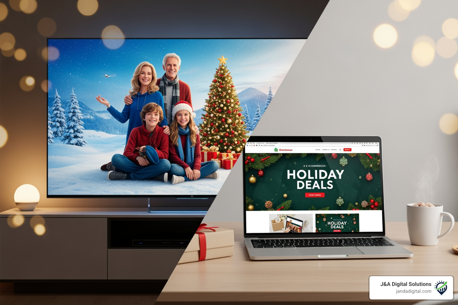 Split screen showing a large TV on one side and a laptop on the other, representing different product categories for holiday shopping deals. - is cyber monday better than black friday